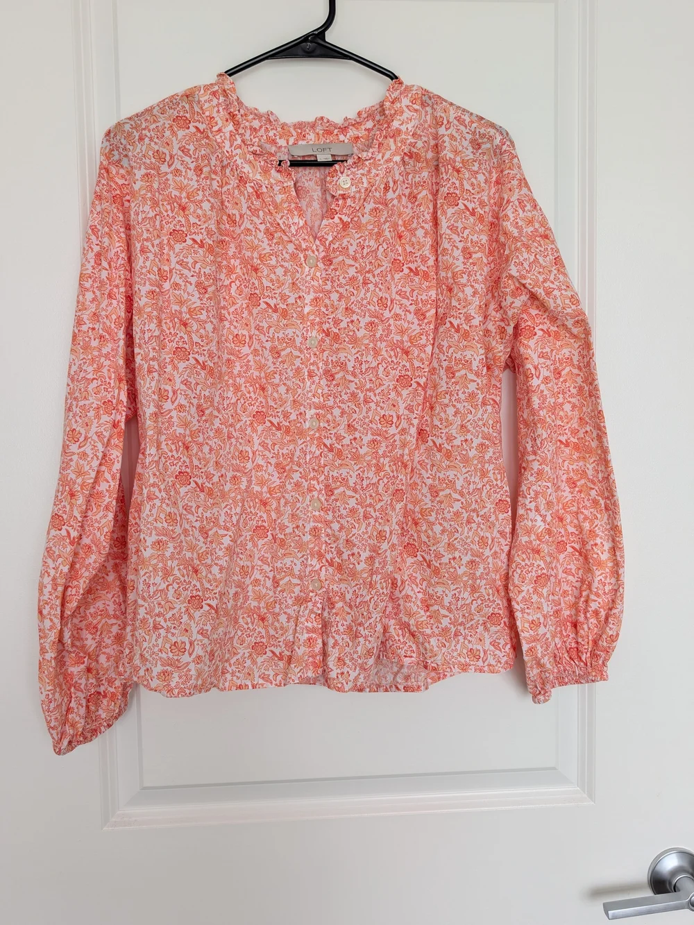 LOFT Coral Pink Floral Button-Front Peasant Top